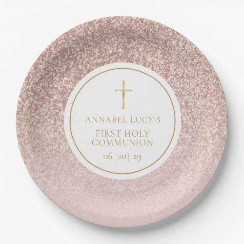 Rose Gold Glitter First Holy Communion Paper Plates