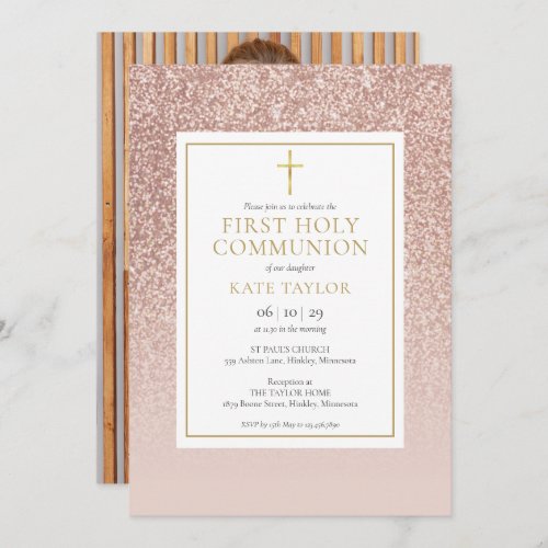 Rose Gold Glitter First Holy Communion Photo Invitation
