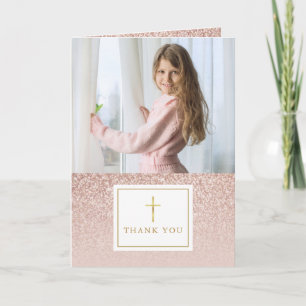 Rose Gold Glitter First Holy Communion Photo Letterpress Thank You Card