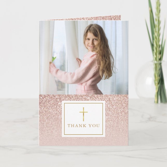 Rose Gold Glitter First Holy Communion Photo Thank You Card (Front)