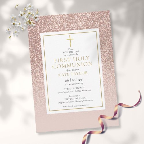 Rose Gold Glitter First Holy Communion Save The Date