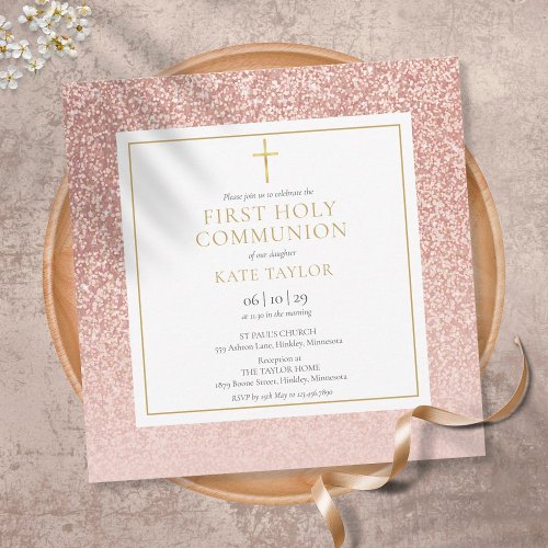 Rose Gold Glitter First Holy Communion Square Invitation