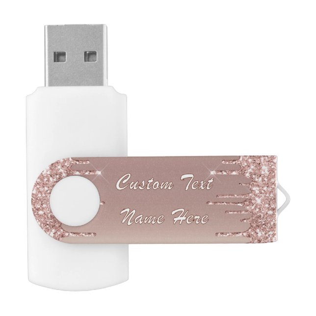 Rose Gold Glitter Flash Drive and Custom Text Name (Opened)