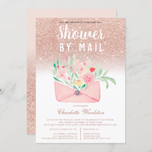 Rose gold glitter floral baby shower by mail invitation