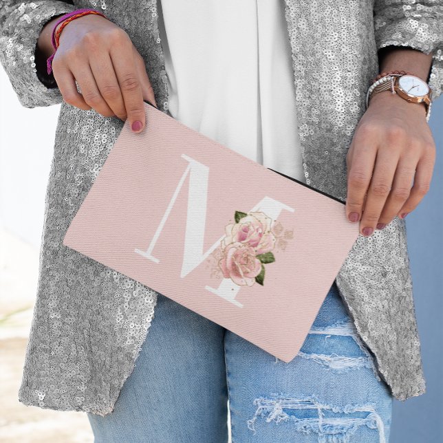 Rose Gold Glitter Floral Blush and White Monogram Accessory Pouch (Rose Gold Glitter Floral Blush and White Monogram Accessory Pouch)