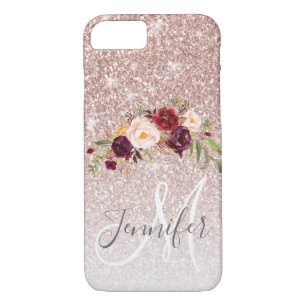 Rose Gold Glitter Floral Blush Monogram Name iPhone 8/7 Case