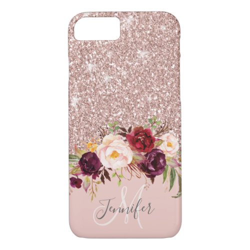 Rose Gold Glitter Floral Blush Pink Monogram Name iPhone 87 Case