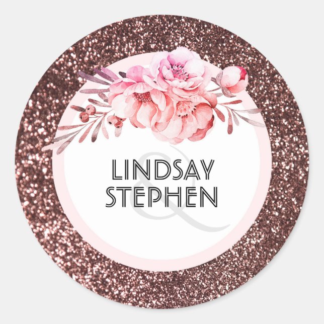 Rose Gold Glitter Floral Blush Wedding Classic Round Sticker (Front)