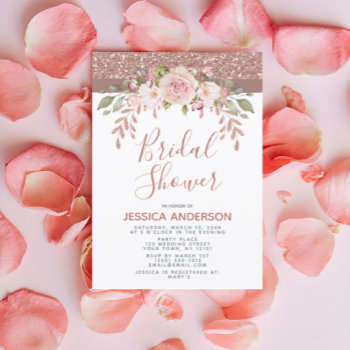 Rose Gold Glitter Floral Bridal Shower Invitation by MaggieMart at Zazzle