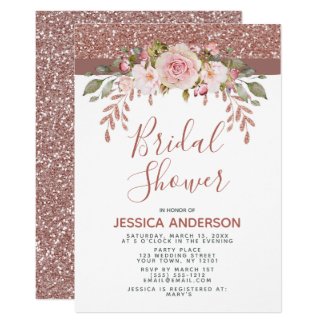 Rose Gold Glitter Floral Bridal Shower Invitation
