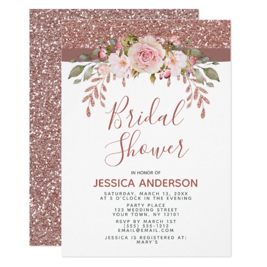 Rose Gold Glitter Floral Bridal Shower Invitation | Zazzle.com