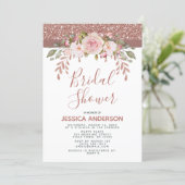 Rose Gold Glitter Floral Bridal Shower Invitation (Standing Front)