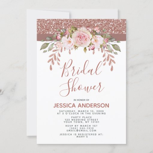 Rose Gold Glitter Floral Bridal Shower Invitation Zazzle