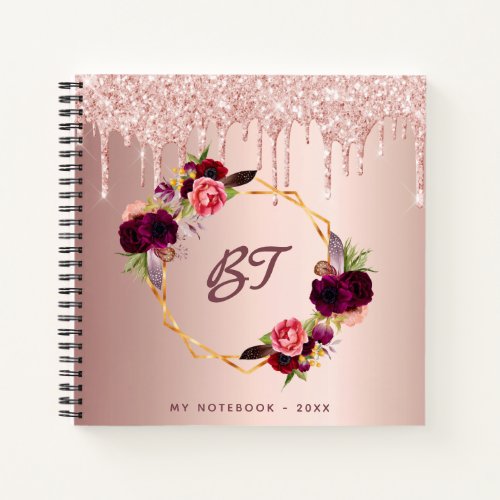 Rose gold glitter floral burgundy monogram notebook