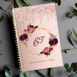 Rose gold glitter floral burgundy monogram planner<br><div class="desc">A faux rose gold metallic looking background with elegant faux rose gold glitter drips,  paint drip look. Decorated with a faux gold geometric frame and burgundy and pink flowers,  florals. Personalize and add your monogram letters,  initials and a text,  title. Perfect for school,  work or organizing your personal/family life.</div>