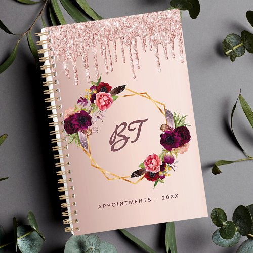 Rose gold glitter floral burgundy monogram planner