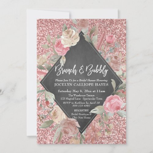 Rose Gold Glitter Floral Chalkboard Brunch Bubbly Invitation