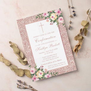Rose Gold Glitter Floral Christening Or Baptism Invitation