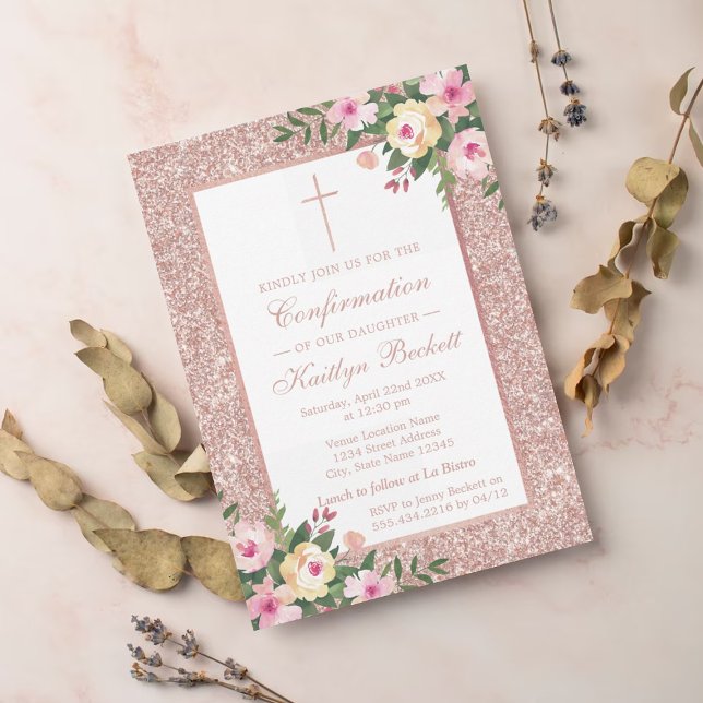 Rose Gold Glitter Floral Christening Or Baptism Invitation (Creator Uploaded)
