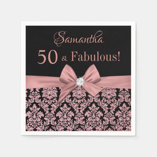 Rose Gold Glitter Floral Damask 50th Birthday Napkins (Front)