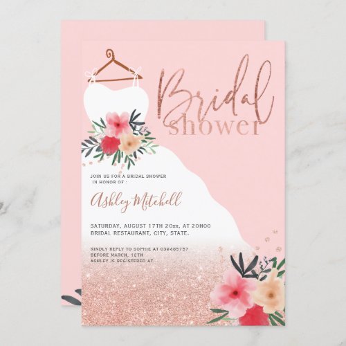 Rose Gold glitter floral dress bride bridal shower Invitation