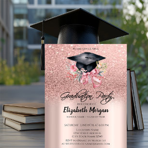 Rose Gold Glitter Floral Grad Cap Bow Graduation Invitation