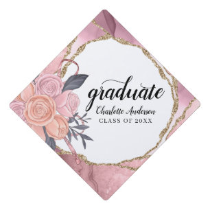 Rose Gold Glitter Floral Graduation Cap Topper