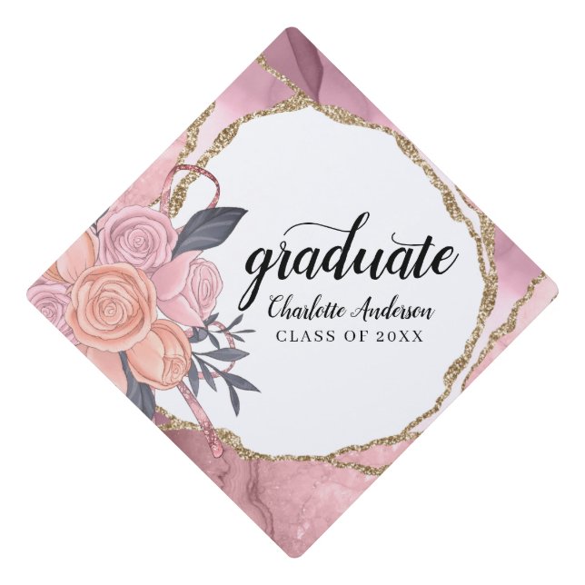 Rose Gold Glitter Floral Graduation Cap Topper (Front)
