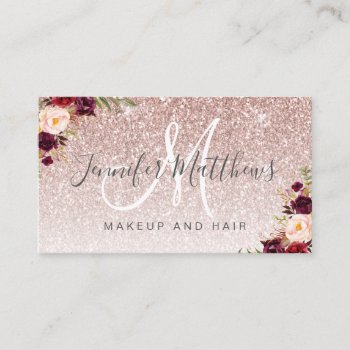 Rose Gold Glitter Floral Makeup Hair Reopening Business Card by epclarke at Zazzle