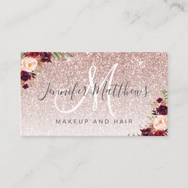 Rose Gold Glitter Floral Makeup Hair Reopening Business Card (Front)