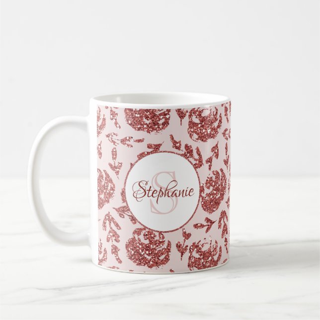 Rose Gold Glitter Floral Monogram Coffee Mug (Left)