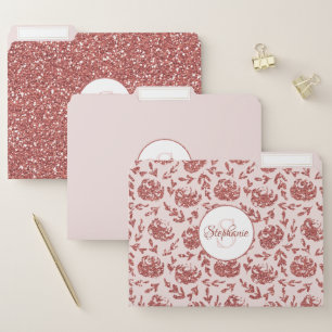 Rose Gold Glitter Floral Monogram File Folder