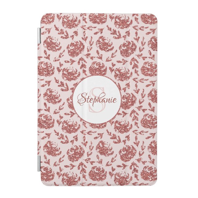 Rose Gold Glitter Floral Monogram iPad Mini Cover (Front)