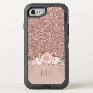 Rose Gold Glitter Floral Monogram OtterBox Defender iPhone SE/8/7 Case