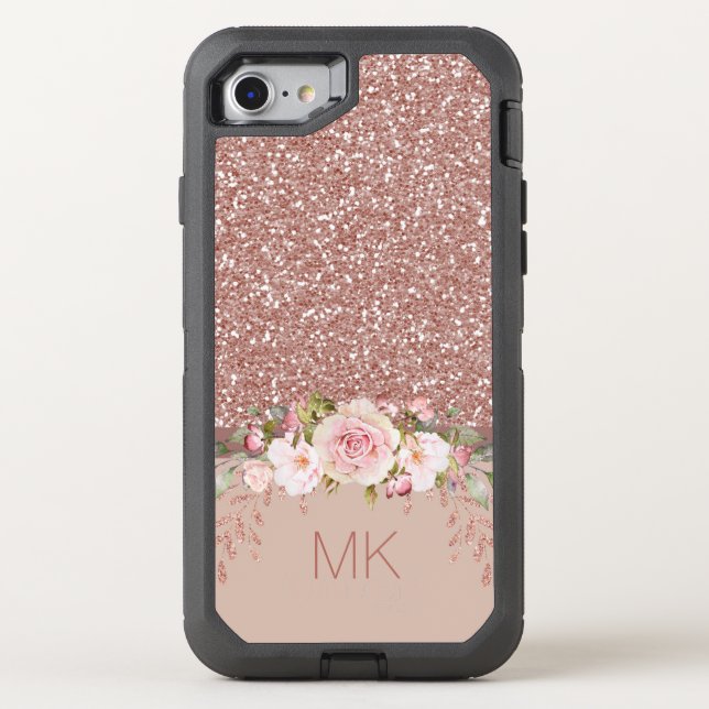Rose Gold Glitter Floral Monogram Otterbox iPhone Case (Back)