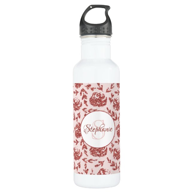 Rose Gold Glitter Floral Monogram Personalized Stainless Steel Water Bottle (Front)