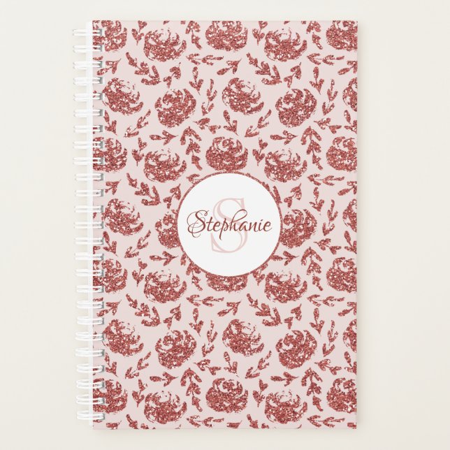 Rose Gold Glitter Floral Monogram Planner (Front)