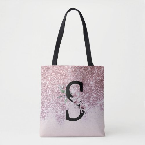 Rose Gold Glitter Floral Monogram S Tote bag 