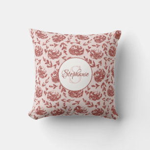 Rose Gold Glitter Floral Monogram Throw Pillow