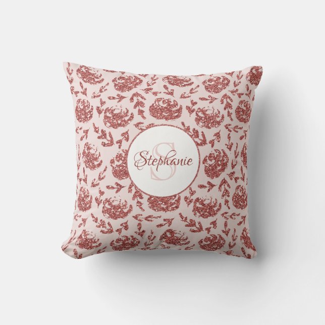 Rose Gold Glitter Floral Monogram Throw Pillow (Front)