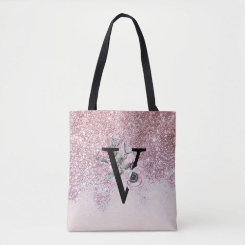 Rose Gold Glitter Floral Monogram V Tote bag