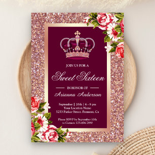 Rose Gold Glitter Floral Princess Sweet Sixteen Invitation