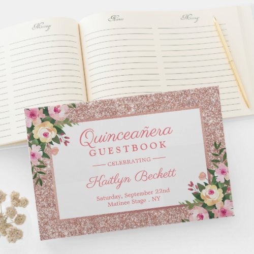 Rose Gold Glitter Floral Quinceaera 15th Birthday Guest Book