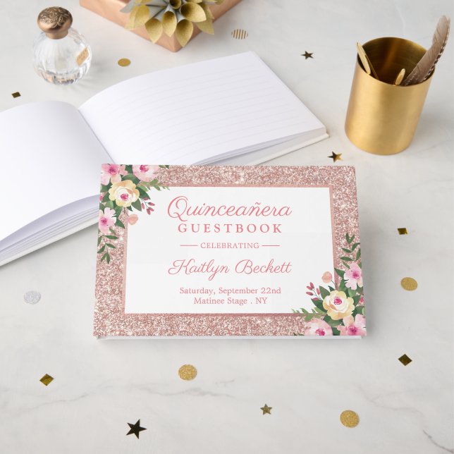 Rose Gold Glitter Floral Quinceañera 15th Birthday Guest Book (Front Open)