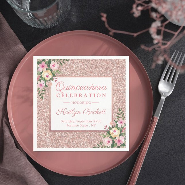 Rose Gold Glitter Floral Quinceañera 15th Birthday Napkins (Creator Uploaded)