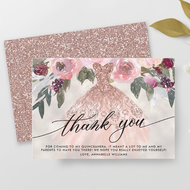 Rose Gold Glitter Floral Quinceañera Thank You Card (Creator Uploaded)
