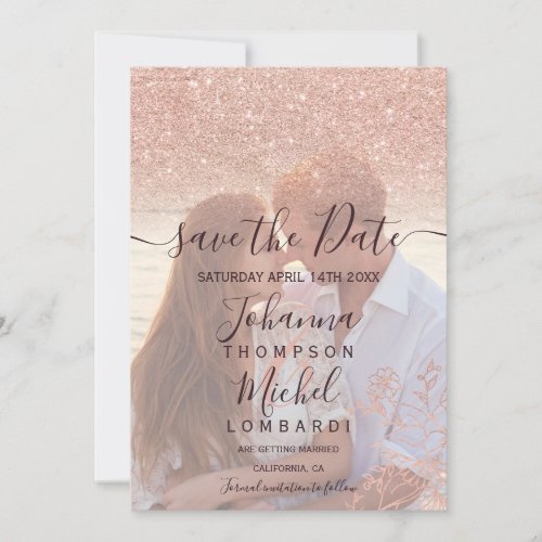 Rose gold glitter floral red photo save the date