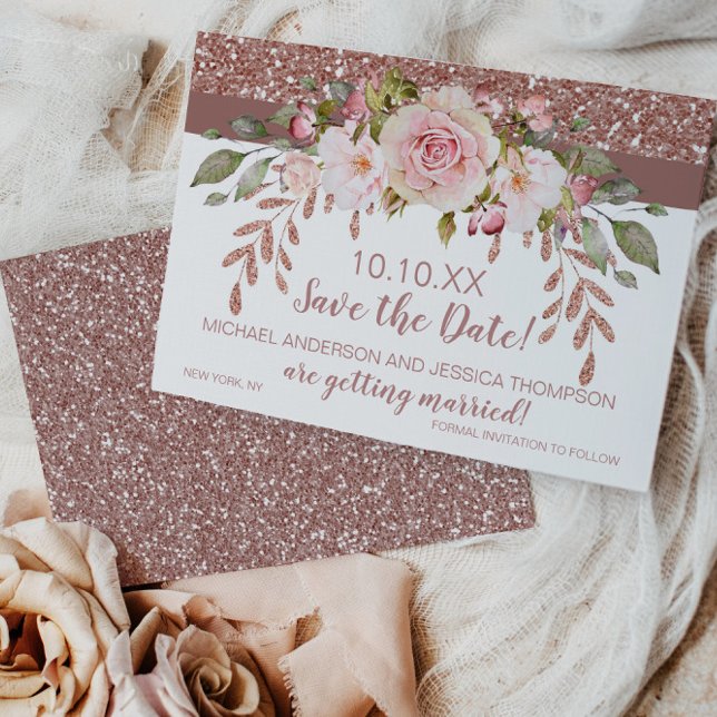 Rose Gold Glitter Floral Save the Date (Creator Uploaded)