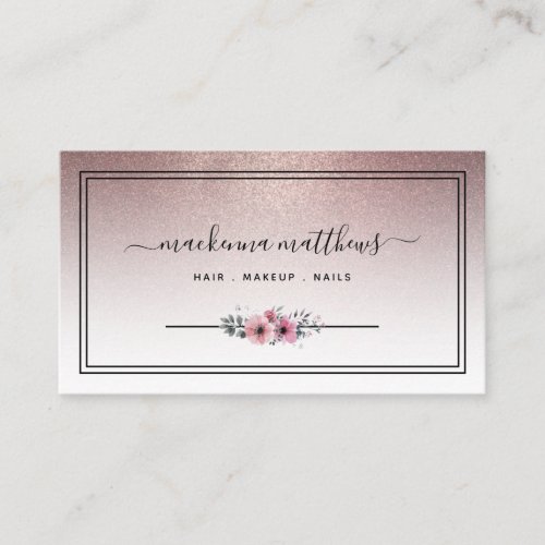 Rose Gold Glitter Floral Signature Hair Stylist Business Card