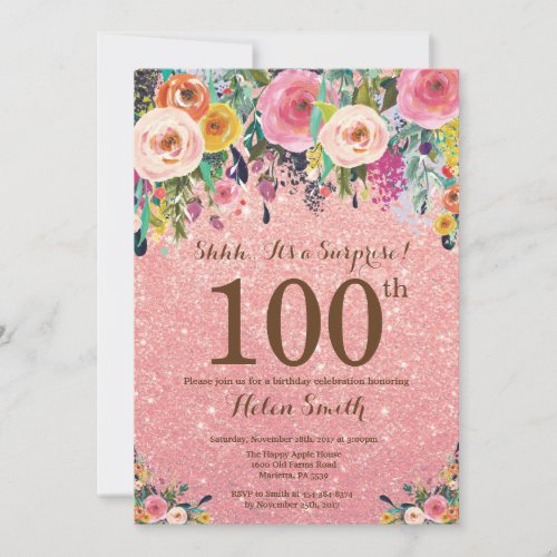 Rose Gold Glitter Floral Surprise 100th Birthday Invitation